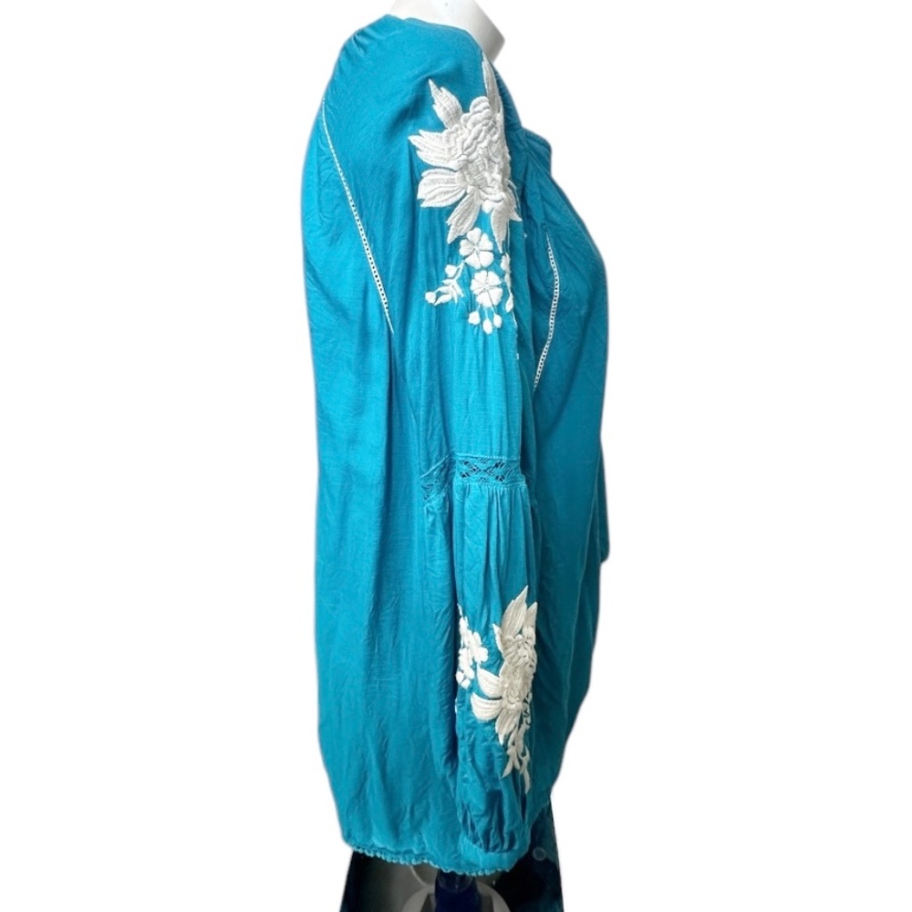 SUNDANCE Naomi Isles Modal Turquoise and Cream Long Sleeved Embroidered XL Tunic - Picture 8 of 13